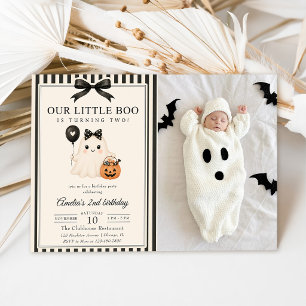 Our Little Boo Cute Ghost Halloween Birthday Photo Invitation