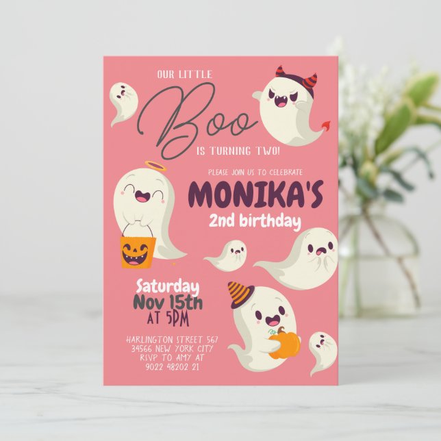 Our little Boo Girl Halloween Birthday Invitation (Standing Front)