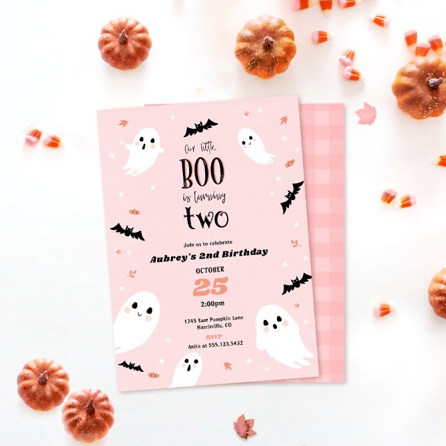 Our Little Boo Halloween 2nd Birthday Invitation (Little boo 2nd birthday halloween invitation. Pink pastel design mockup shown with plaid back side. )