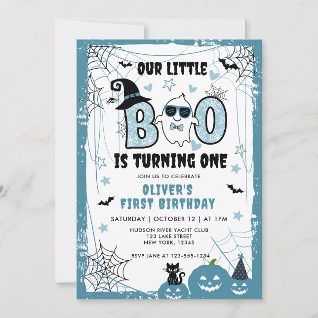 OUR LITTLE BOO IS TURNING ONE BLUE 1ST BIRTHDAY INVITATION (Front)
