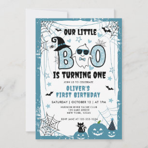 OUR LITTLE BOO IS TURNING ONE BLUE 1ST BIRTHDAY INVITATION