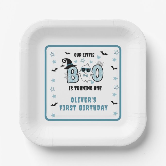 OUR LITTLE BOO IS TURNING ONE BLUE 1ST BIRTHDAY PAPER PLATE (Front)