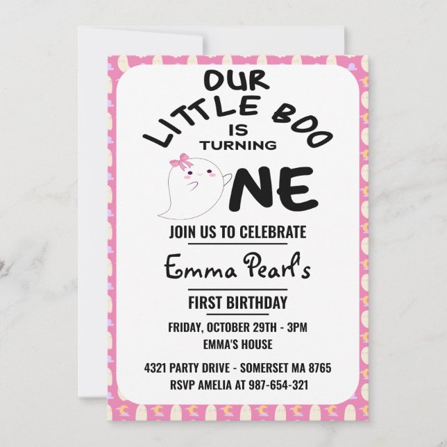 Our Little Boo Is Turning One, Pink Girl Halloween Invitation (Front)