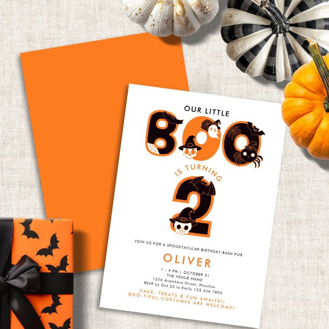 Our Little Boo is Turning Two Halloween Birthday Invitation (Front and back view)