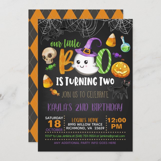 Our Little Boo is Turning Two Invitation - Blk  (Front/Back)