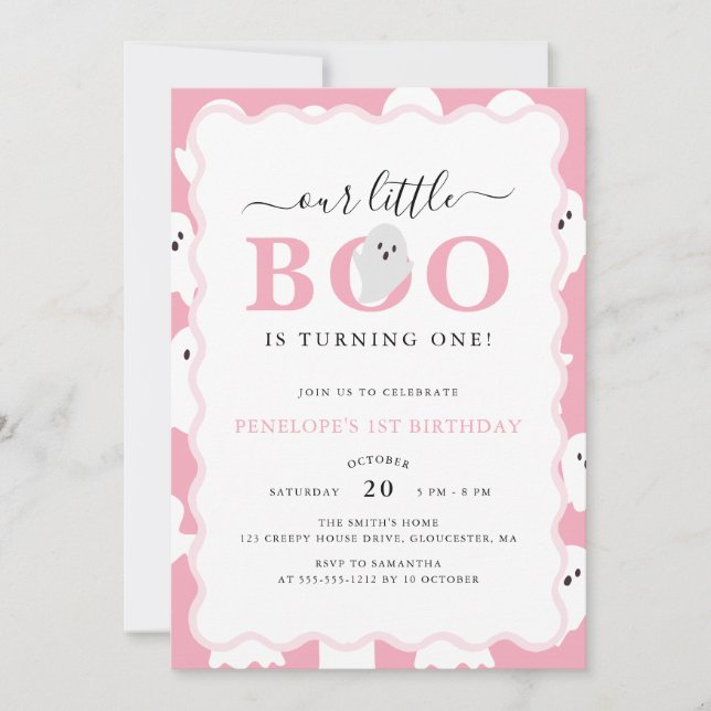 Our Little Boo Pink Halloween Girl 1st Birthday Invitation (Front)