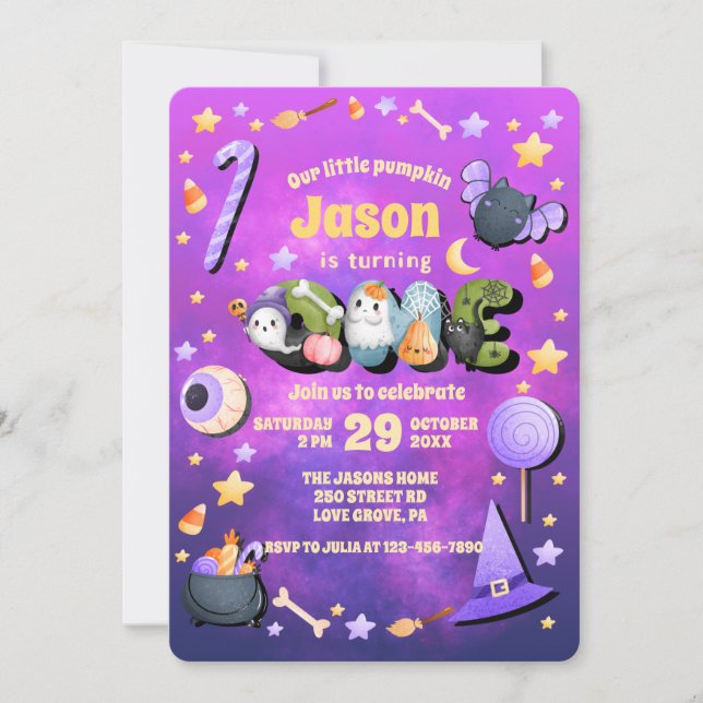 Our Little Boo Purple Halloween 1ST Birthday Baby Invitation (Front)