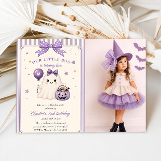 Our Little Boo Purple Halloween Birthday Photo Invitation