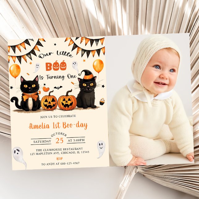 Our Little Boo Turning Black Cat Halloween Photo  Invitation (Creator Uploaded)