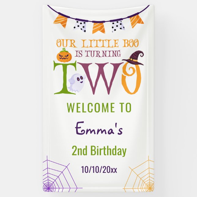 Our Little Boo Turning Two, Halloween 2nd Birthday Banner (Vertical)