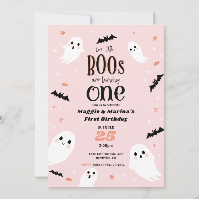 Our Little Boos pink Twin Halloween First Birthday Invitation (Front)