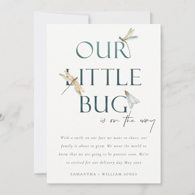 Our Little Bug Blue Dragonfly Baby Announcement (Front)