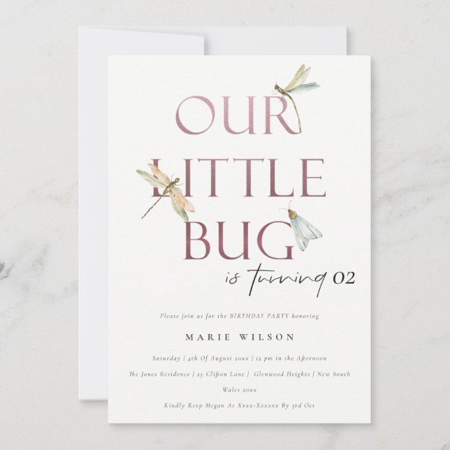 Our Little Bug Pink Dragonfly Any Age Birthday Invitation (Front)