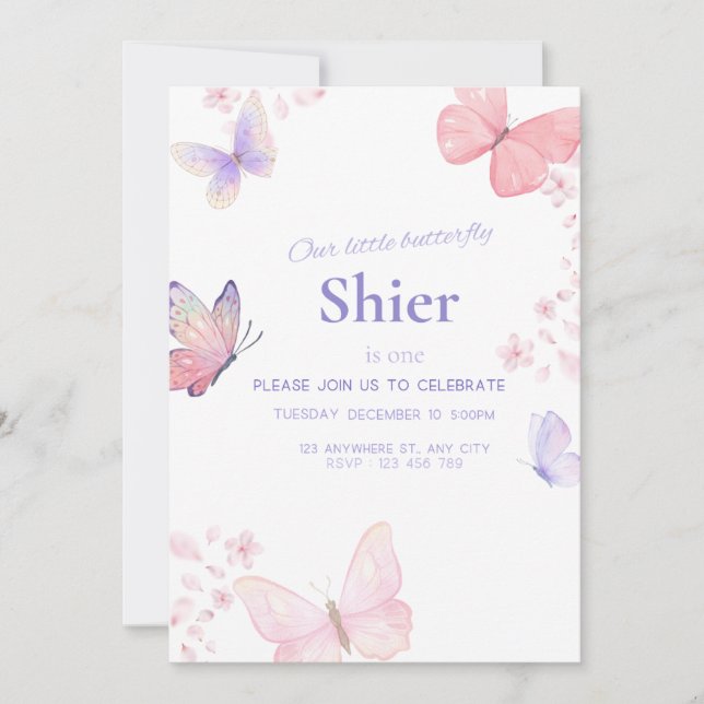 Our little butterfly 1st birthday invitation  (Front)