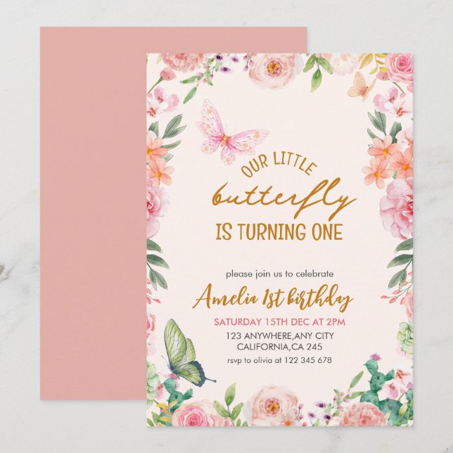 Our Little butterfly floral pink girl 1st Birthday Invitation (Front/Back)