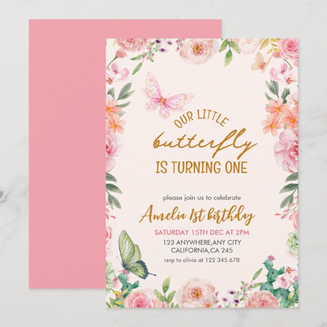 Our Little butterfly floral pink girl 1st Birthday Invitation (Front/Back)