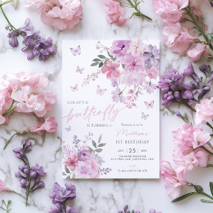 Our Little Butterfly Floral Purple 1st Birthday Invitation