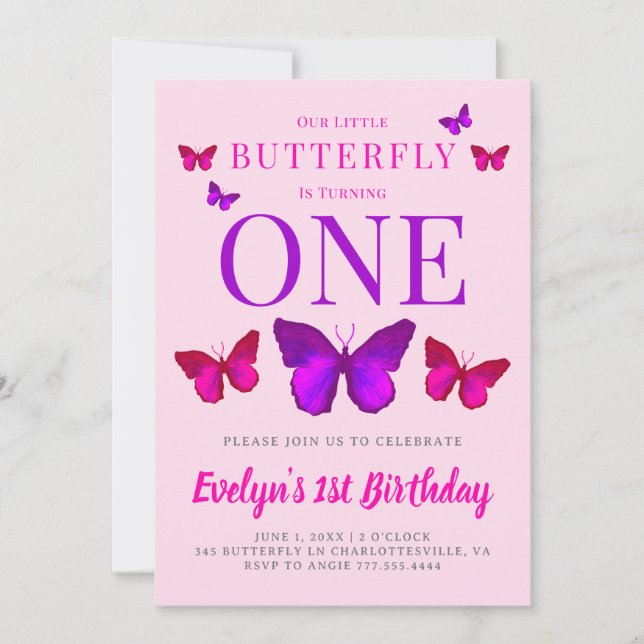 Our Little Butterfly Girls Pink Purple Birthday Invitation (Front)