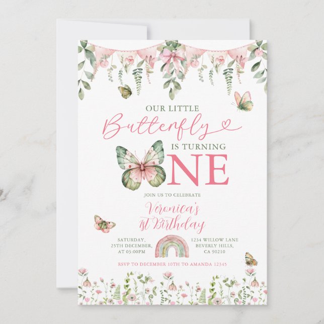 Our Little Butterfly is turning 1 Birthday Floral Invitation (Front)