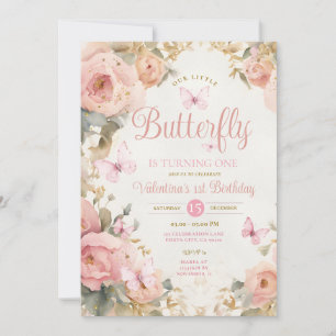 Our Little Butterfly is turning one Pink Flowers Invitation