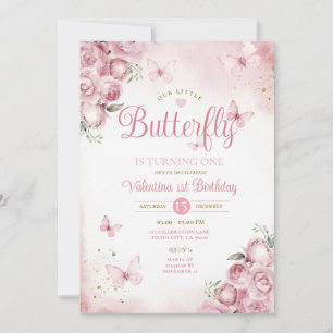 Our Little Butterfly is turning one Pink Flowers Invitation