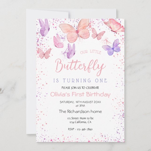 Our Little Butterfly Pink  1st Birthday  Invitation (Front)