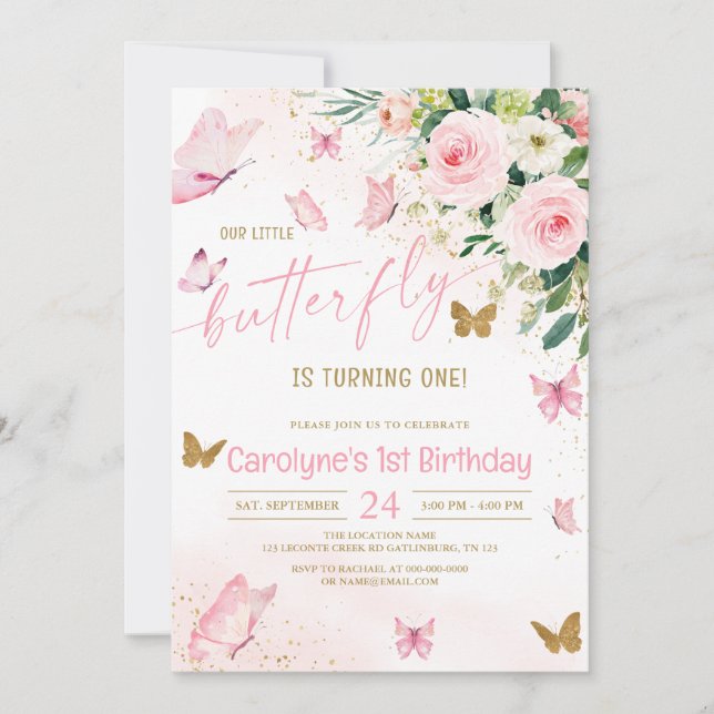 Our Little Butterfly Pink Floral Birthday Invitation (Front)