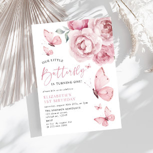 Our Little Butterfly Pink Roses 1st Birthday Invitation