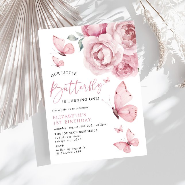 Our Little Butterfly Pink Roses 1st Birthday Invitation (Creator Uploaded)