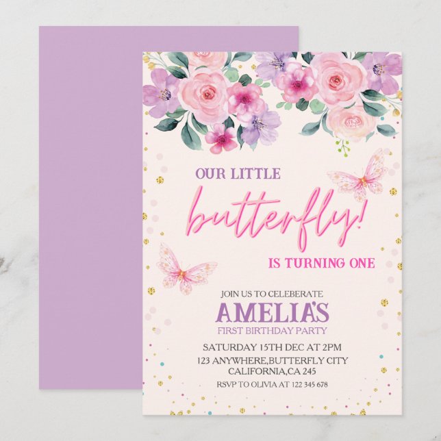 Our little butterfly purple Floral 1st Birthday Invitation (Front/Back)