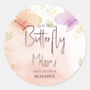 Our Little Butterfly Watercolor Pink Purple Gold Classic Round Sticker