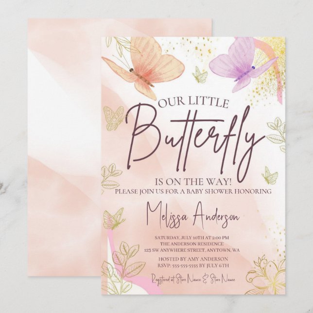 Our Little Butterfly Watercolor Pink Purple Gold  Invitation (Front/Back)