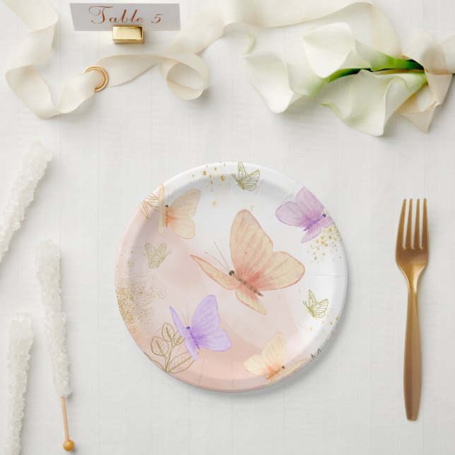 Our Little Butterfly Watercolor Pink Purple Gold  Paper Plate (Wedding)