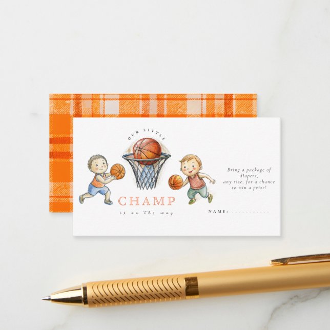 Our Little Champ Basketball Basket Boy Baby Shower Enclosure Card (Front/Back In Situ)
