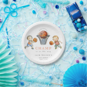Our Little Champ Basketball Basket Boy Baby Shower Paper Plate