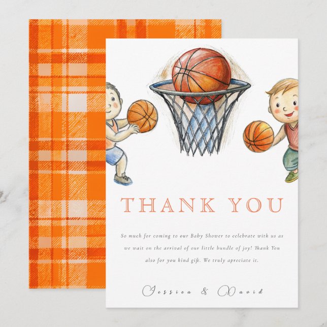 Our Little Champ Basketball Basket Boy Baby Shower Thank You Card (Front/Back)