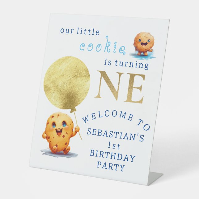 Our Little Cookie Turning ONE Photo 1st Birthday Pedestal Sign (Front)