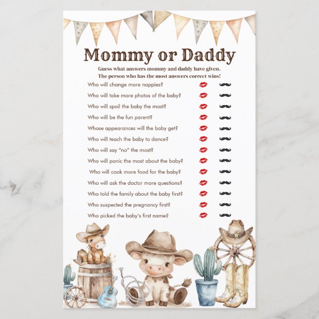 Our Little Cowboy Baby Shower Mummy or Daddy Game (Front)