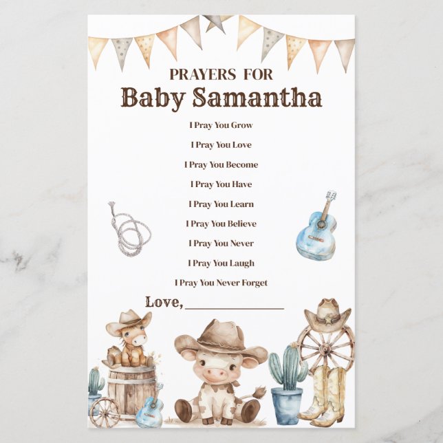 Our Little Cowboy Baby Shower Prayers for Baby (Front)
