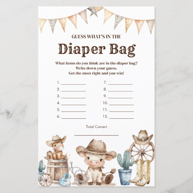 Our Little Cowboy Baby shower What's in Diaper Bag (Front)