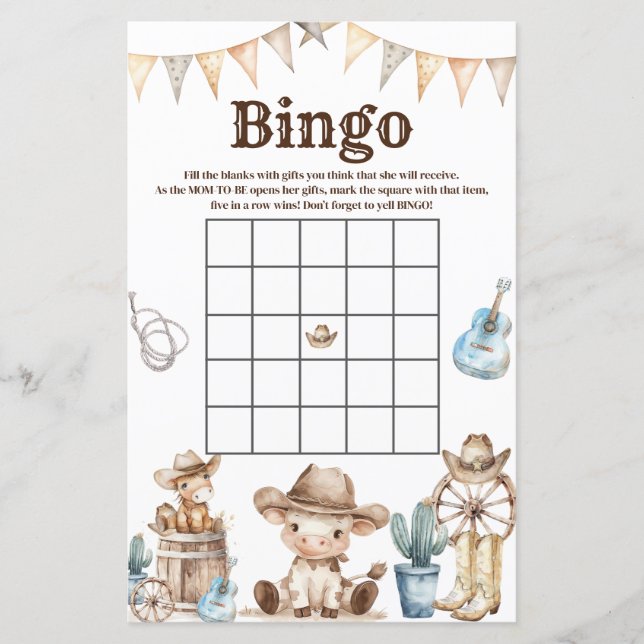 Our Little Cowboy Cactus Baby shower Bingo Game (Front)