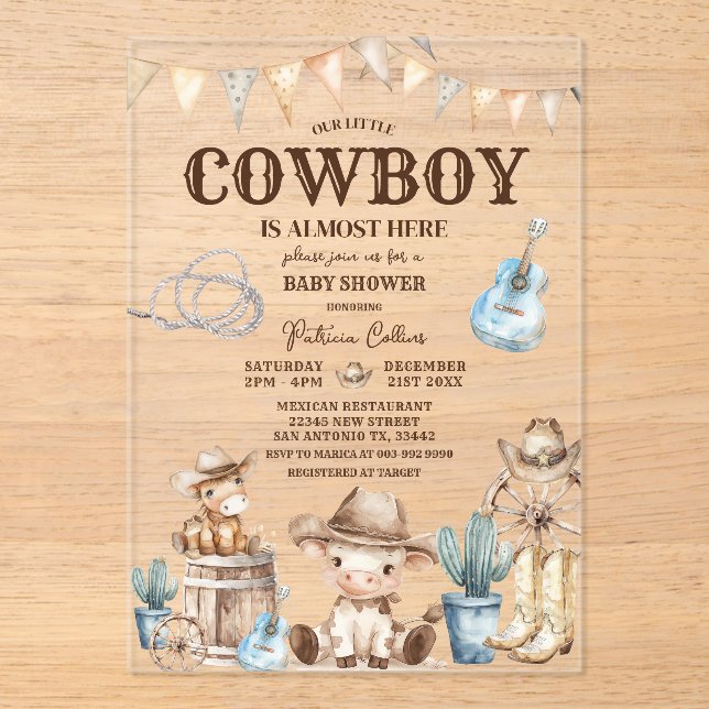 Our Little Cowboy Wild West 1st Birthday Cactus Acrylic Invitations (Front)