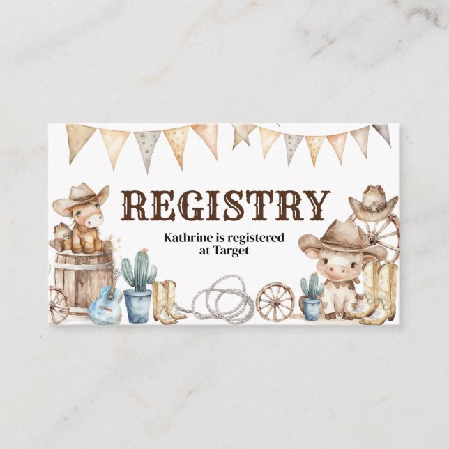 Our Little Cowboy Wild West Baby Shower Registry Enclosure Card (Front)