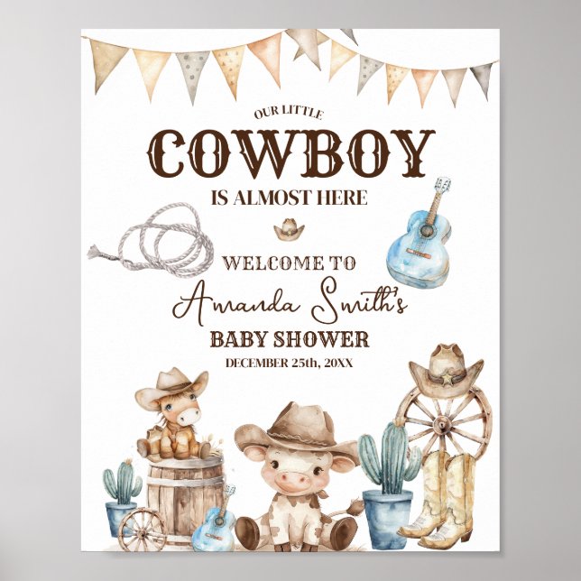 Our Little Cowboy Wild West Baby Shower Welcome Poster (Front)