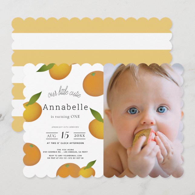 Our Little Cutie Citrus Orange Photo 1st Birthday Invitation (Front/Back)
