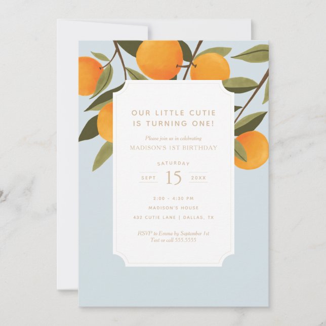 Our Little Cutie is Turning One Citrus Birthday Invitation (Front)