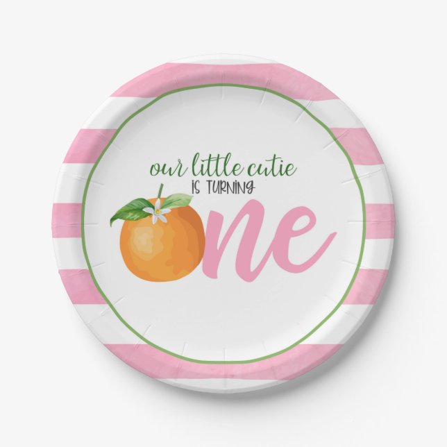Our Little Cutie is Turning One Plate - Pk Stripes (Front)