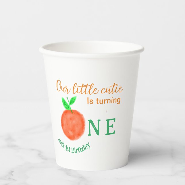 Our little cutie orange one birthday citrus fruit  paper cups (Front)