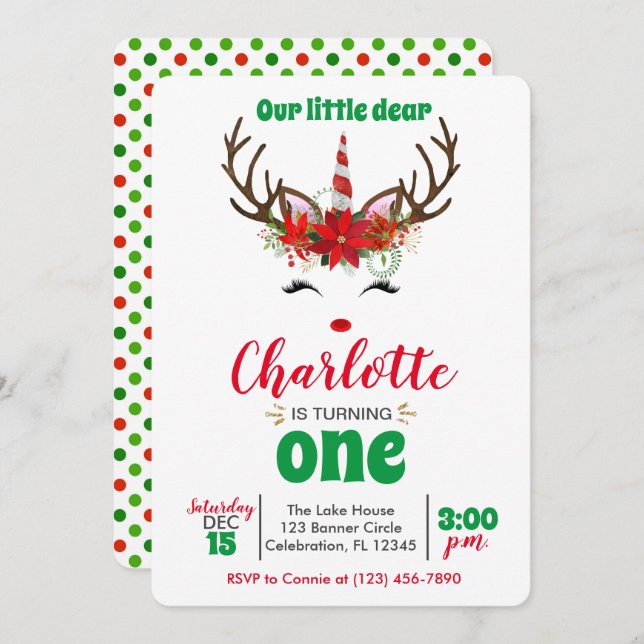 'Our Little Dear' Little Reindeer Girl Christmas Invitation (Front/Back)