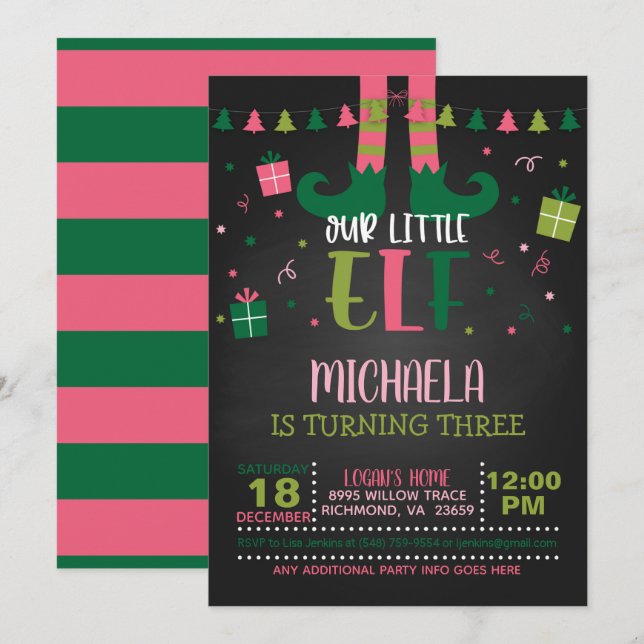 Our Little Elf Birthday Invitation - Girl - Blk (Front/Back)